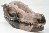 Carved, Amethyst Crystal Geode Dinosaur Skull - Roar! #199471-1